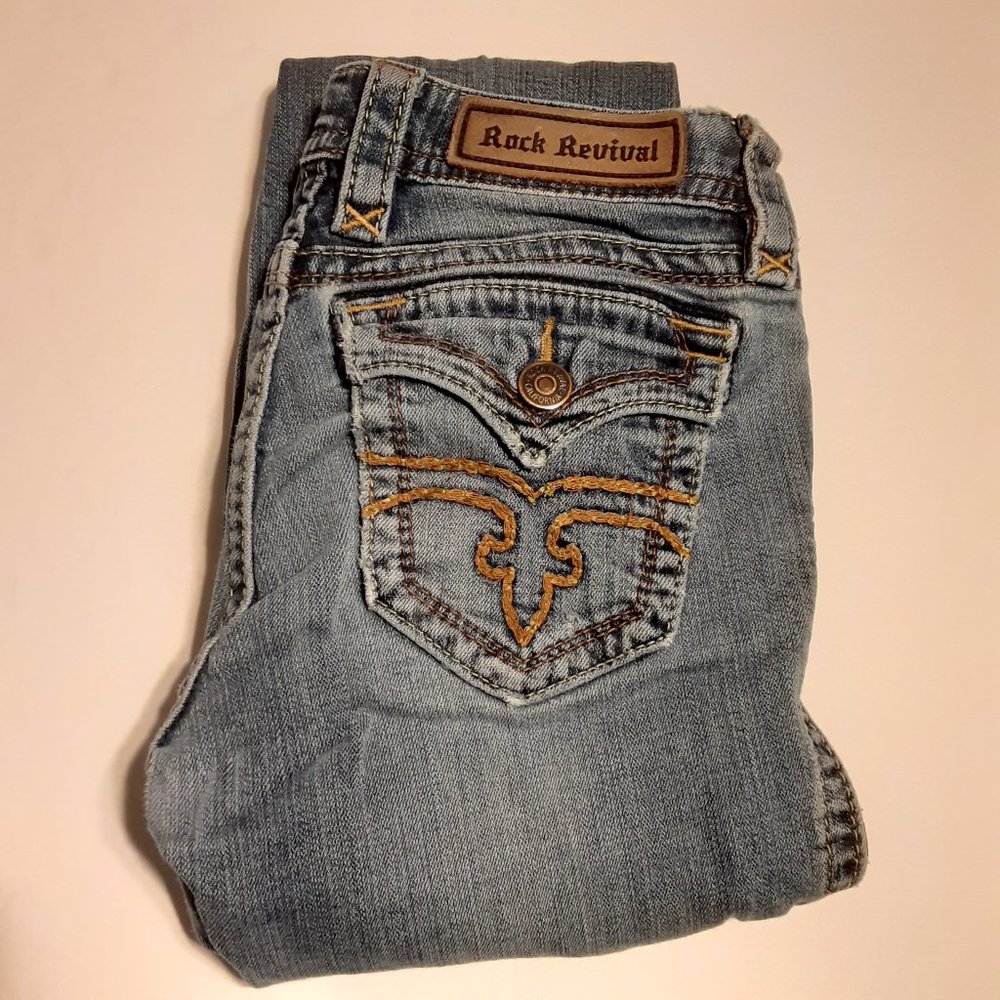 Rock Revival Women's Light Blue Boot Cut Jeans with Gold Stitching